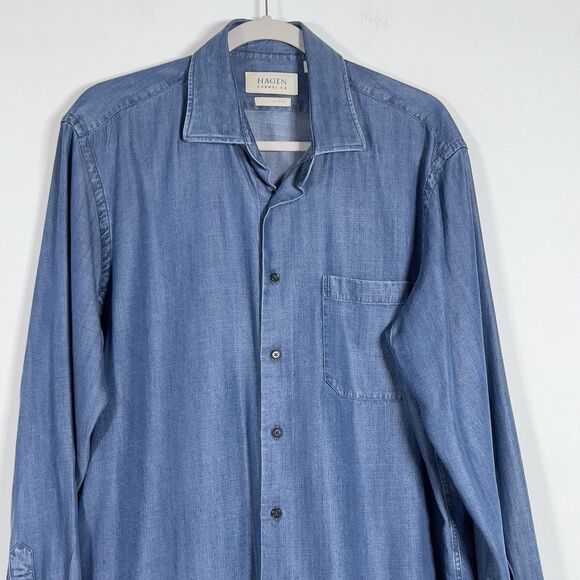 Hagen Carmel CA Chambray Denim Button Up Shirt Mens Sz L Blue Long Sleeve - Picture 2 of 10